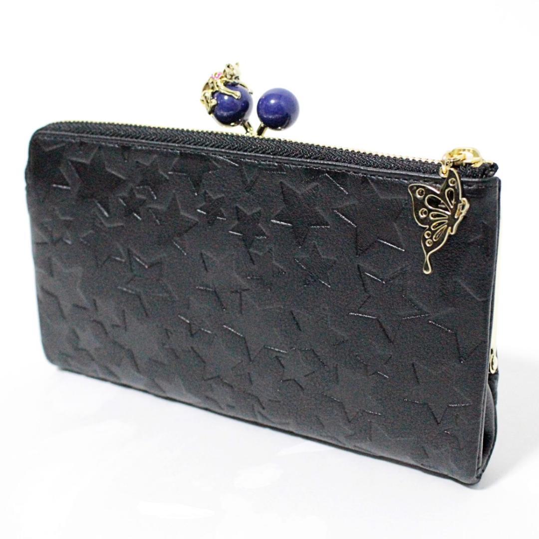 新品 アナスイ ふっくらレザー ネコちゃんがま口小銭入れ 二つ折り長財布 黒