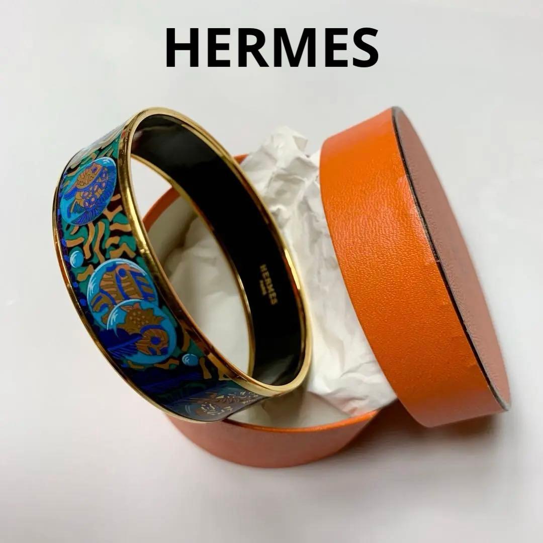 HERMES エルメス ワイドバングル エマイユ熱帯魚ブルー×ゴールド