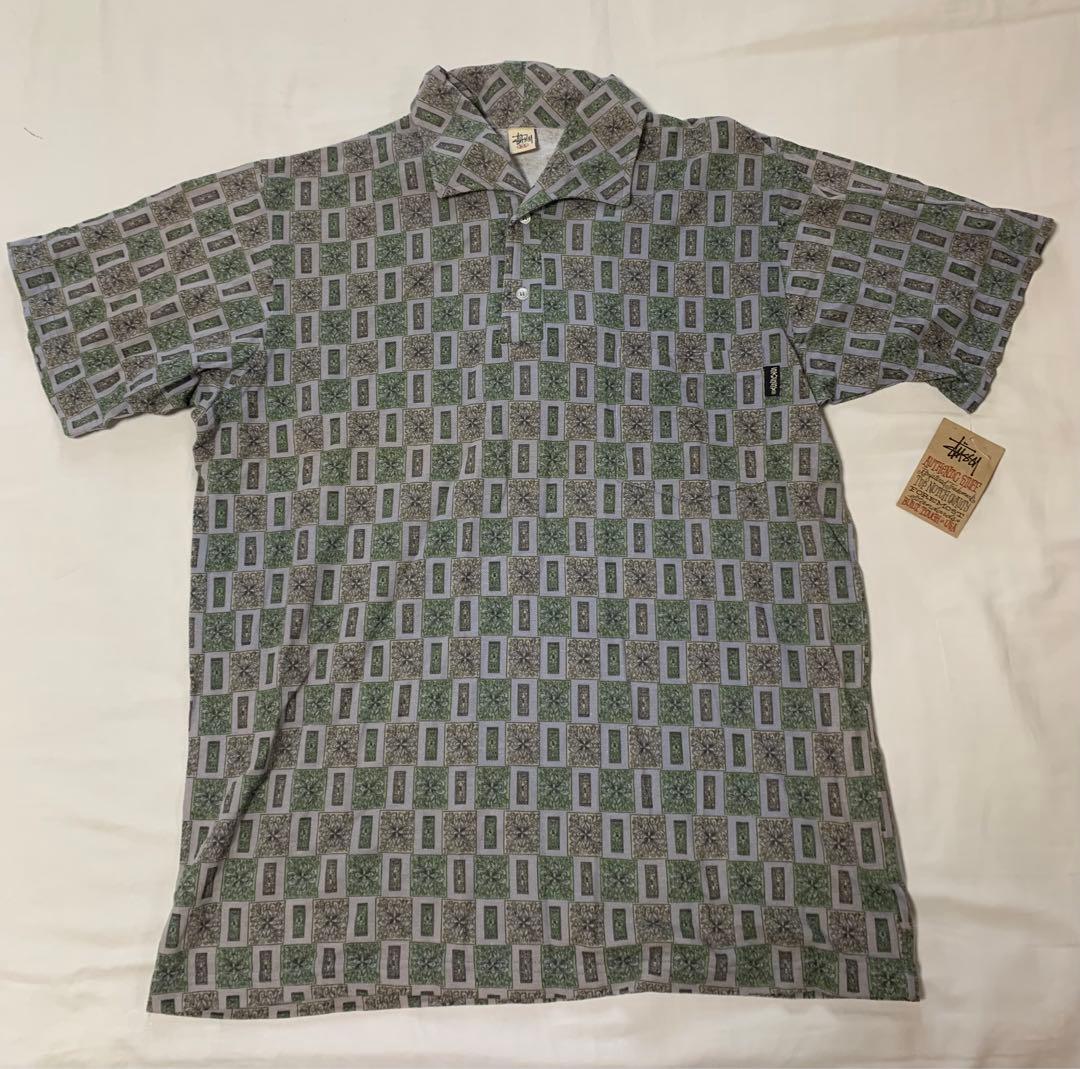 old STUSSY 総柄　シャツ　ヴィンテージ 白タグ　ステューシー　黒タグ