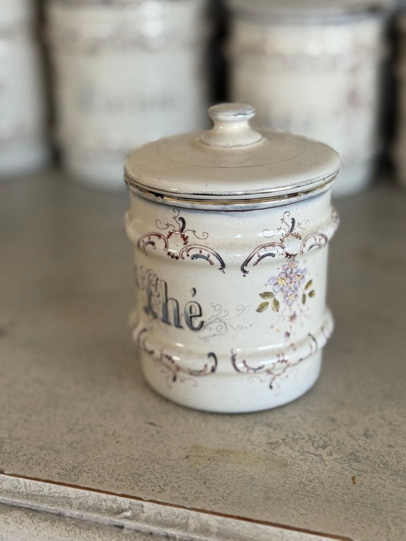 フランスアンティークホーローアールヌーボー可憐な花柄キャニスター5個セット