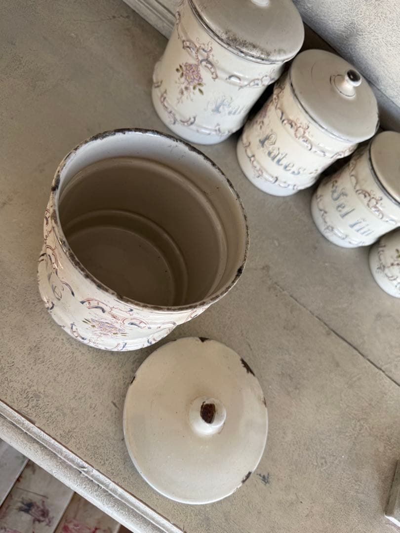 フランスアンティークホーローアールヌーボー可憐な花柄キャニスター5個セット