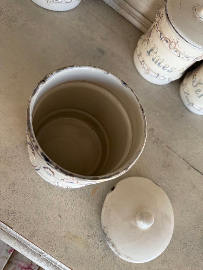 フランスアンティークホーローアールヌーボー可憐な花柄キャニスター5個セット