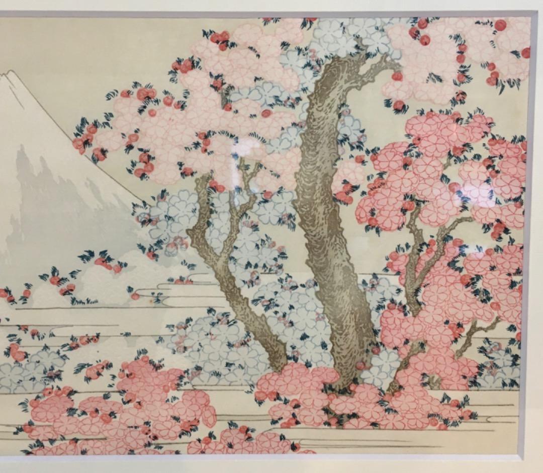 ○【復刻】葛飾北斎「桜花に富士図」木版画 アダチ版画 絵画 額装 日本画 摺物