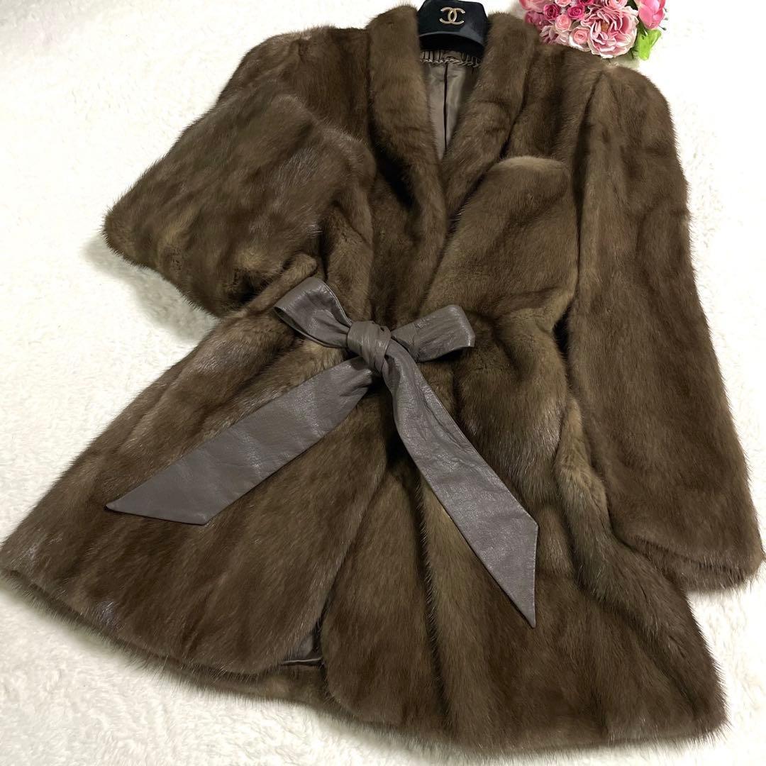 美品◎デミバフミンク ファーコート ベルト付き ポケット ブラウン系 MINK