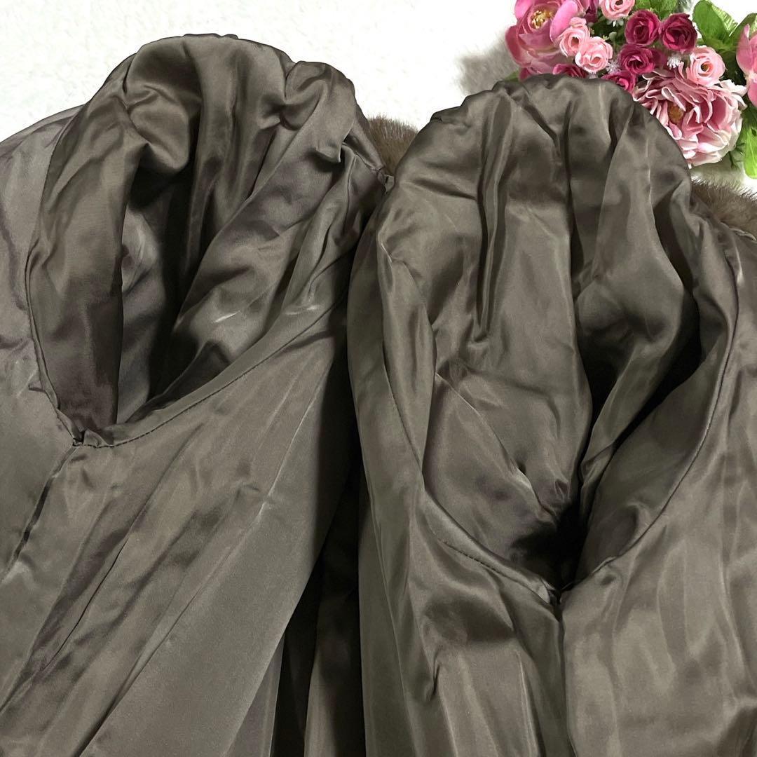 美品◎デミバフミンク ファーコート ベルト付き ポケット ブラウン系 MINK