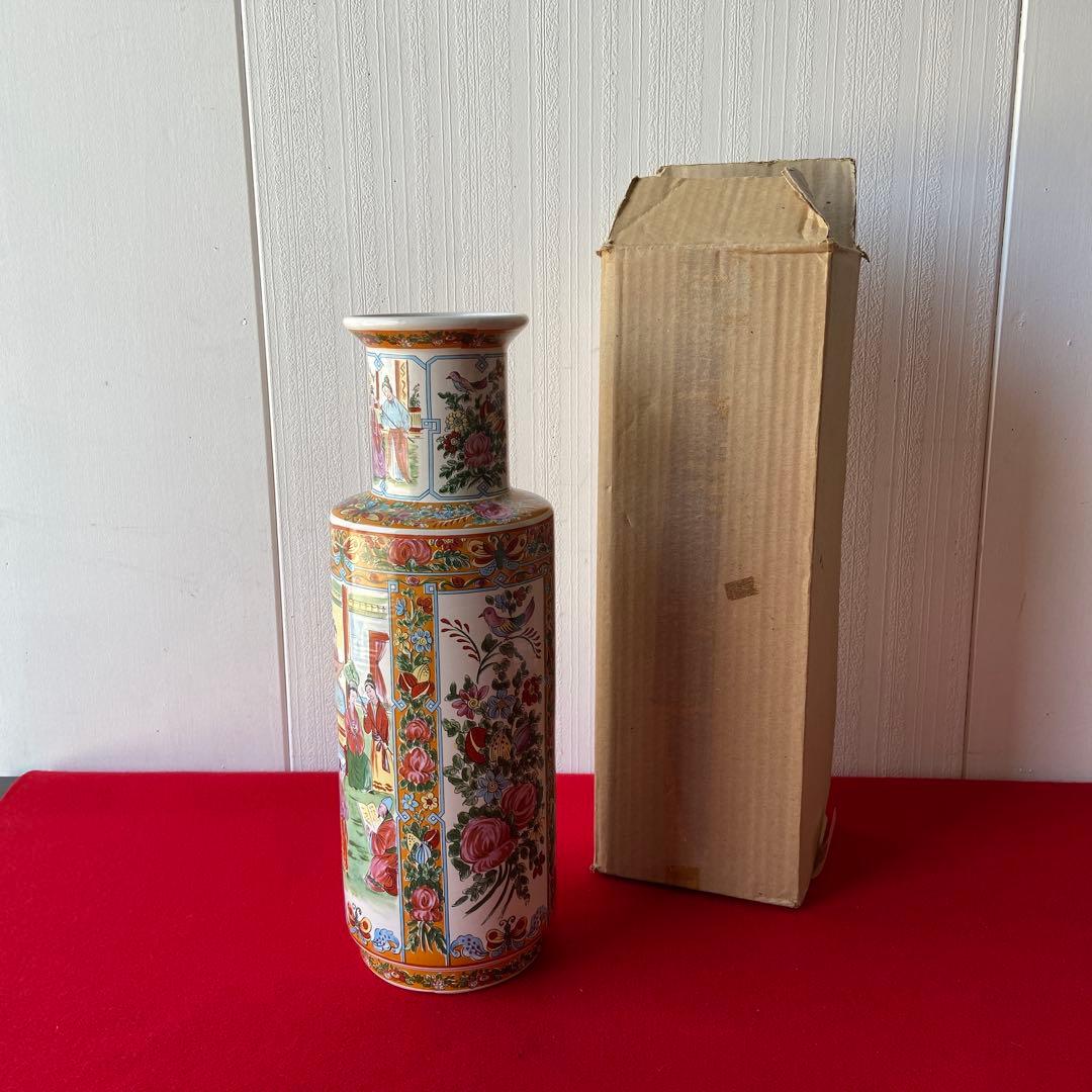 中国 アンティーク 花瓶 色絵 花鳥 人物文様 大型花器 飾り壺　e1357-G
