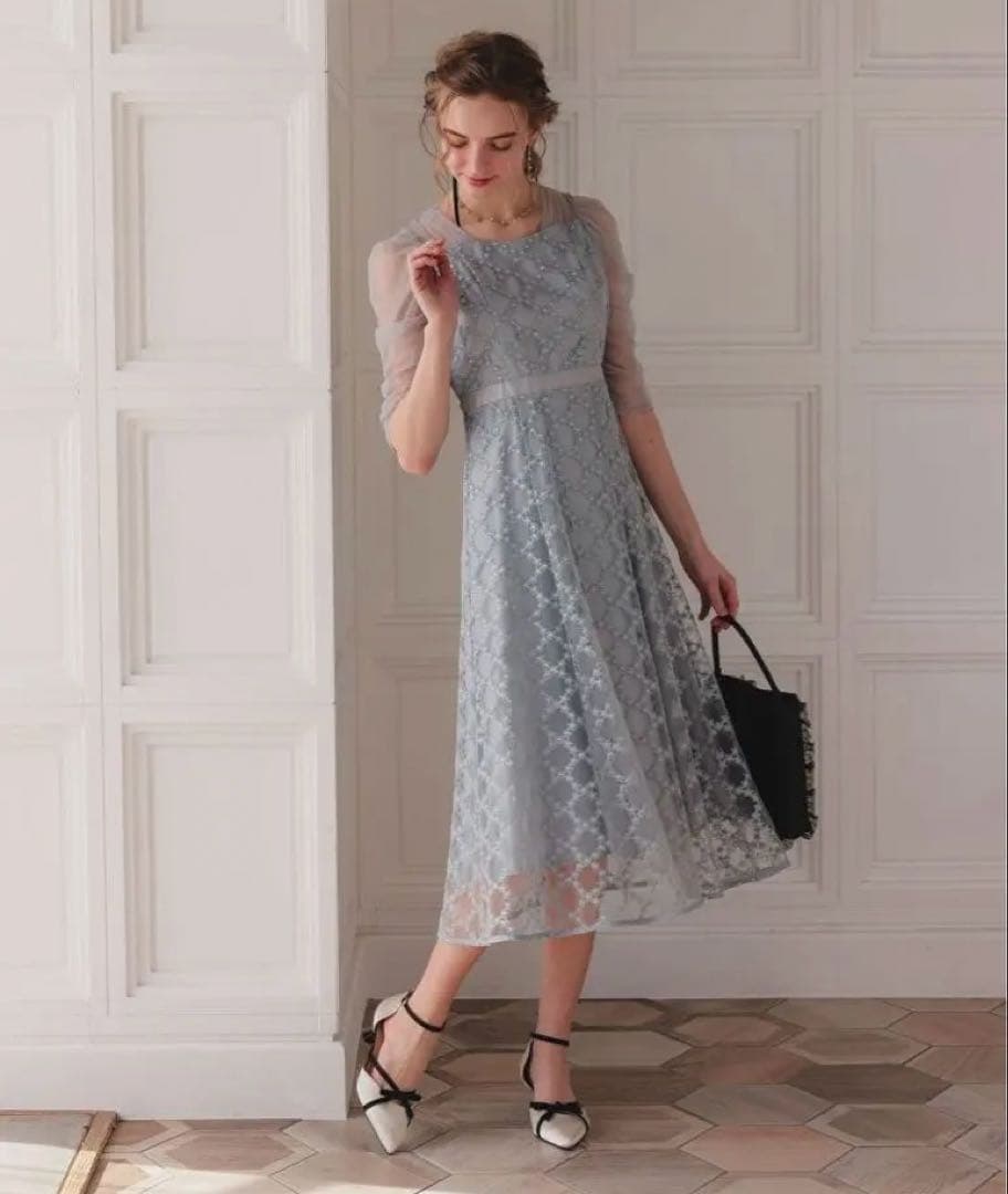 新品　Dorry Doll ダイヤフラワーレースドレス　グレー　M