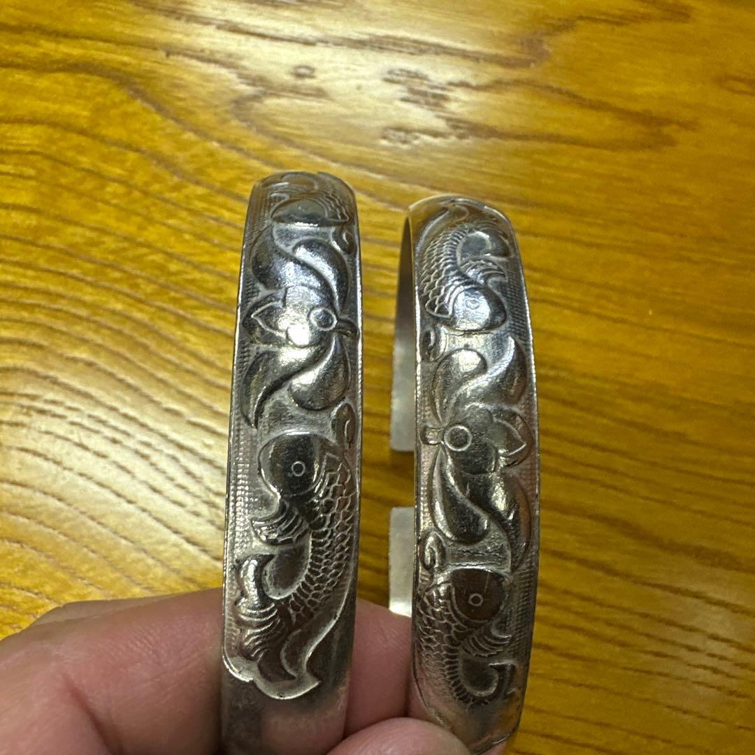 アクセサリー 銀 シルバーバングル 魚と花の彫刻