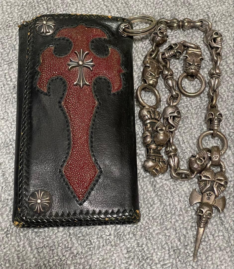 ガボールタイプ レザーウォレット クロスモチーフ スカルウォレットチェーン付き