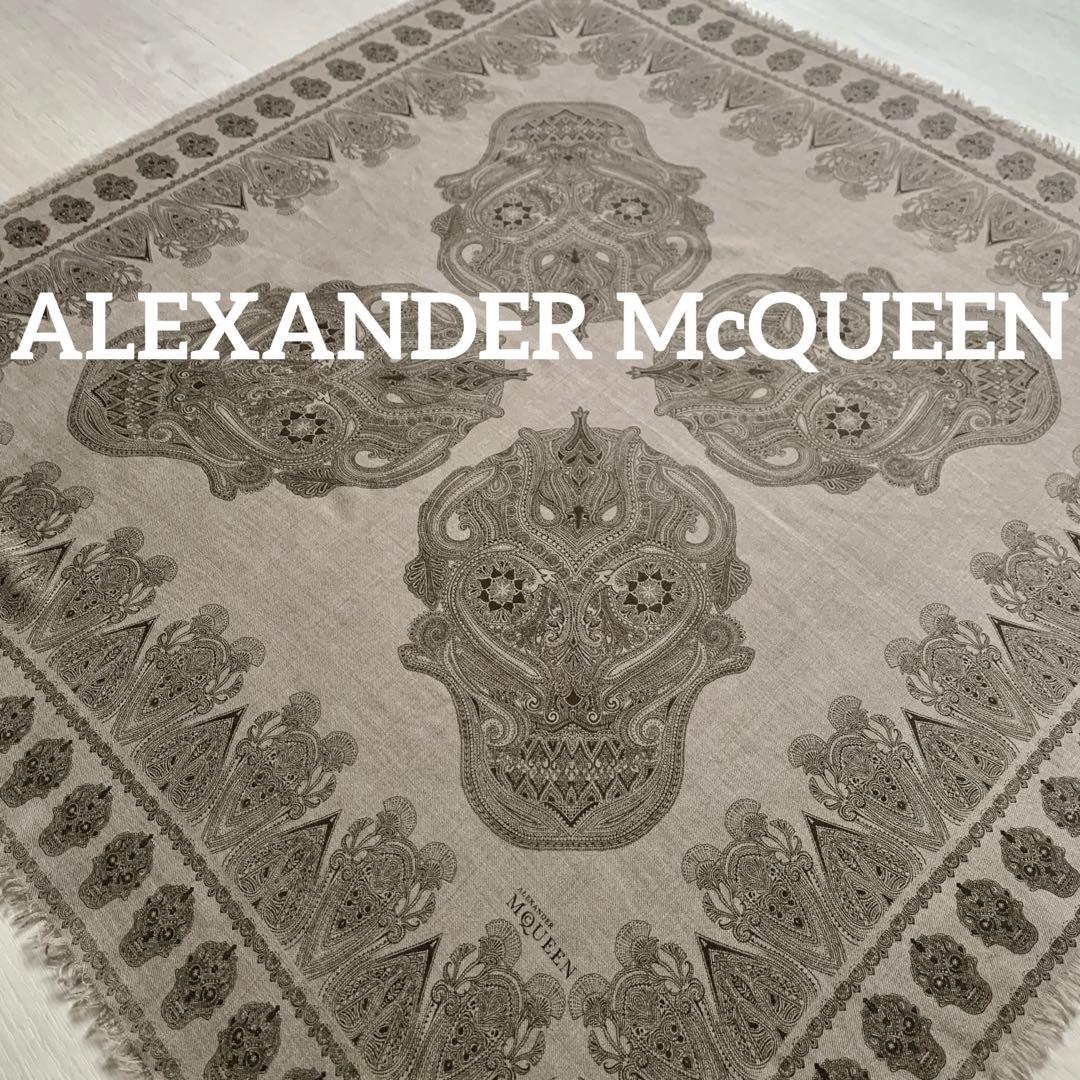 スカル柄レアデザイン美品✨絹カシミア入り高級ストール／アレキサンダーマックイーン