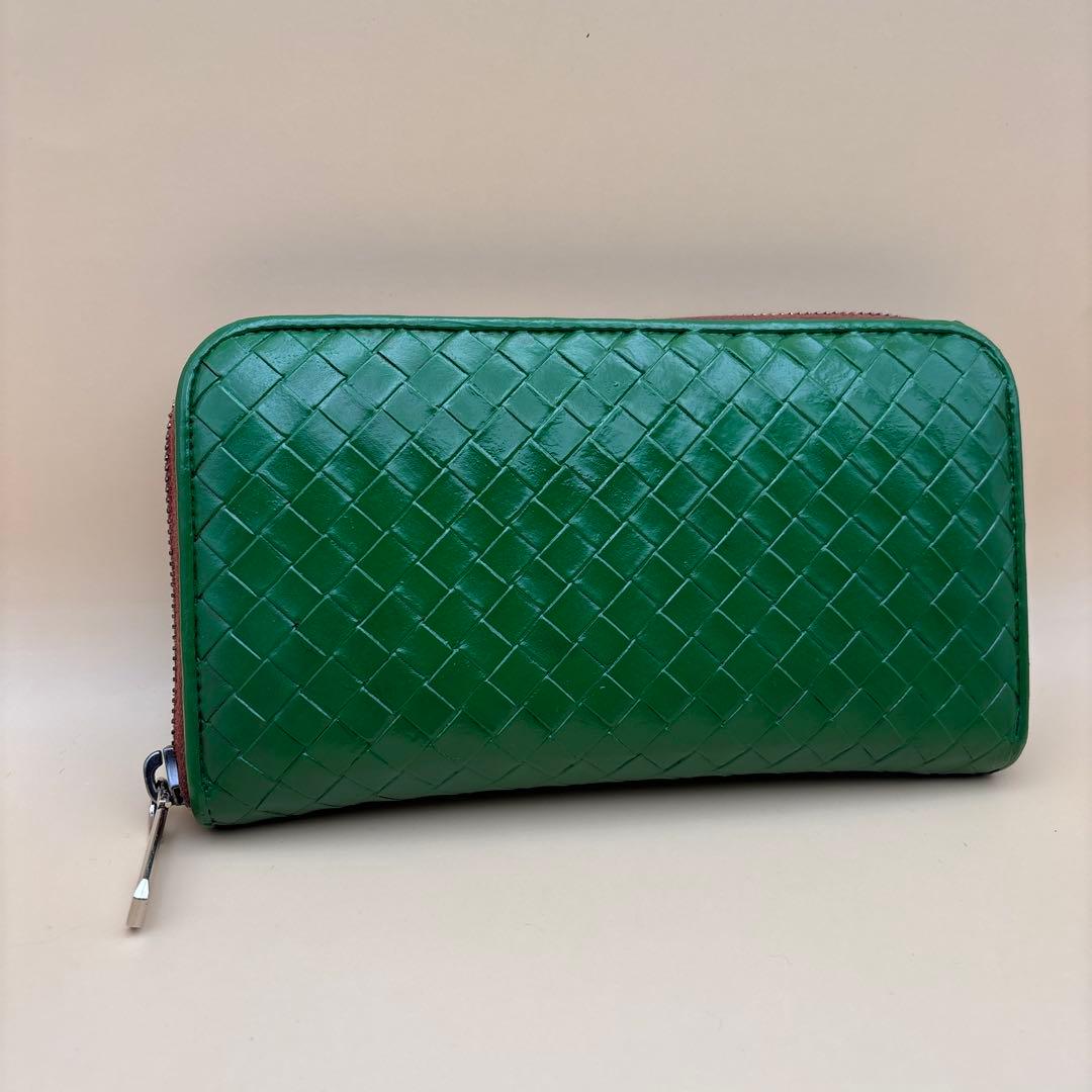 ①◆正規品◆ボッティガヴェネタイントレチャート ラウンドファスナー長財布グリーン