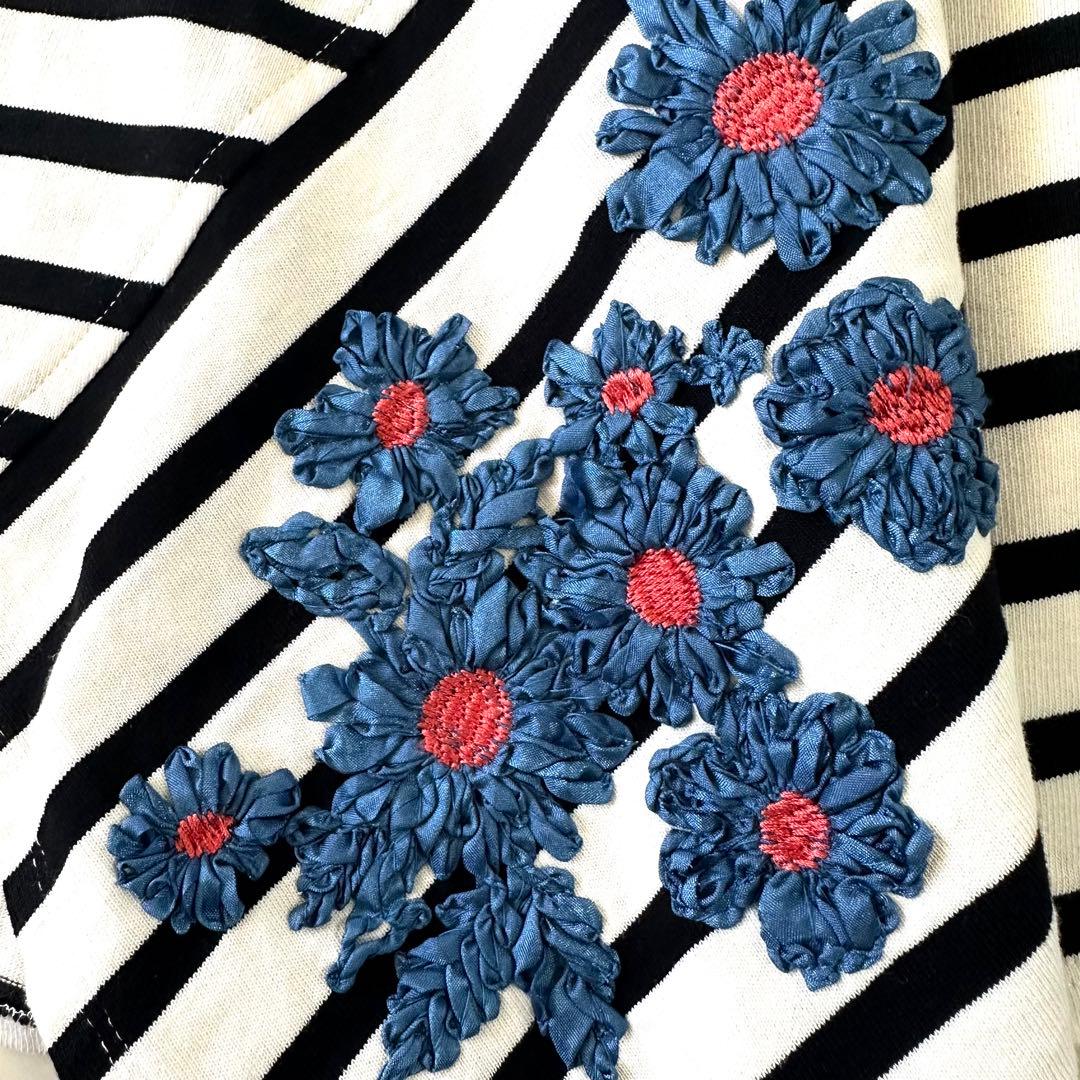 極美品♪ビアズリー アシンメトリー 切替ボーダーブラウス 花刺繍 フラワー