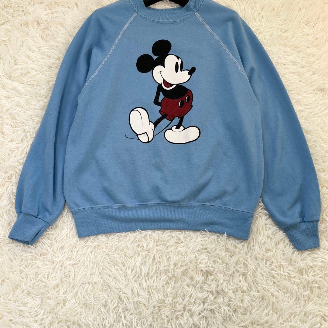 70's USA製 ビンテージ 白足 ミッキー スエット XL 水色