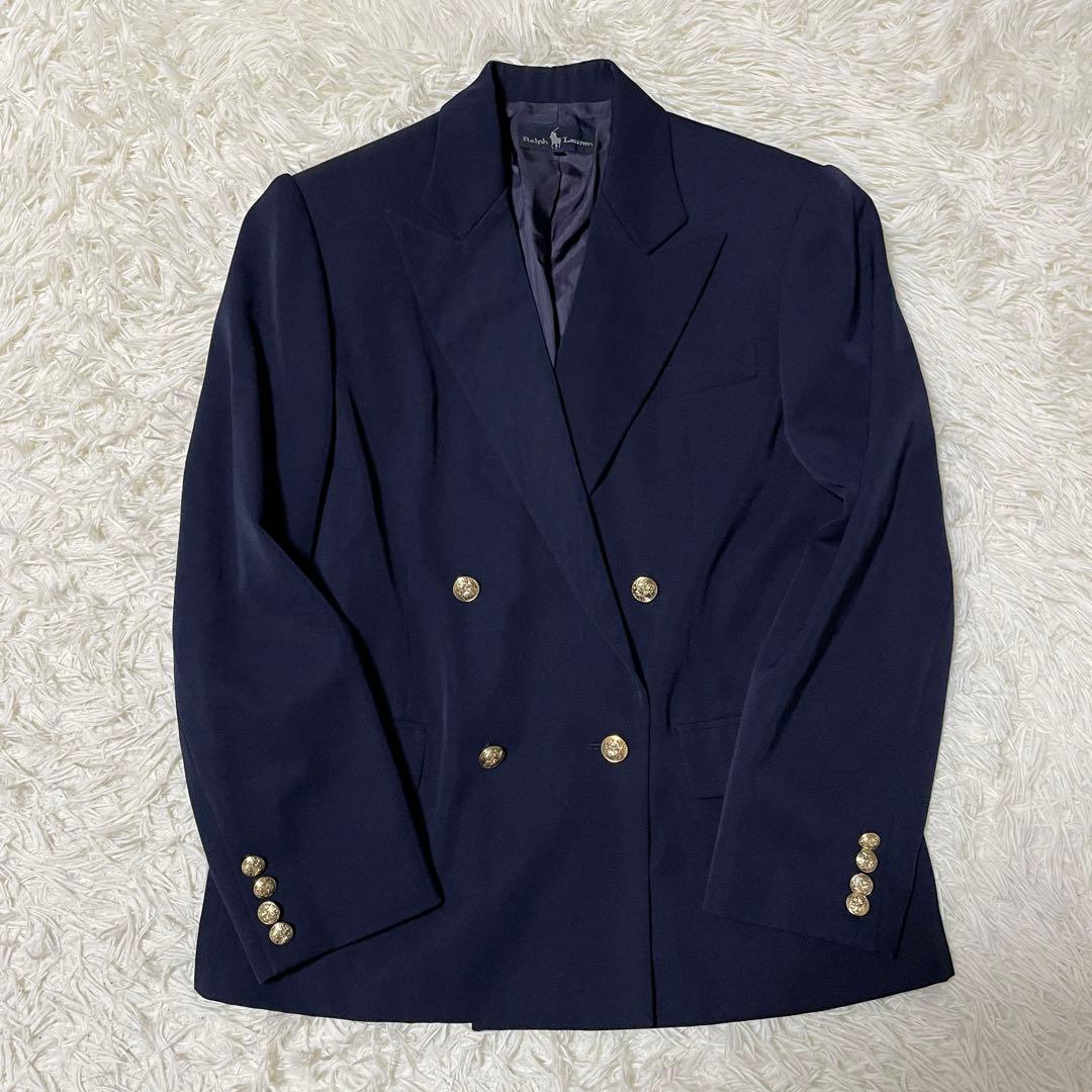 【美品】ラルフローレン 金ボタン 紺ブレ テーラードジャケット 肩パッド ダブル