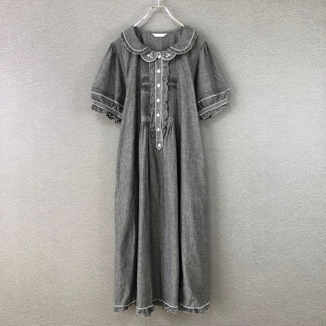 美品 PINK HOUSE ロゴ刺繍ダンガリーワンピース F グレー