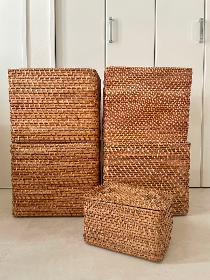 無印良品　ラタンバスケット　特大4個　蓋付きバスケット1個　計5個