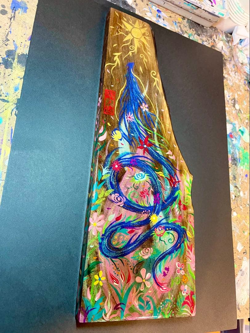 開運絵画 煌びやかな花龍 一点物 アクリル画 龍神 置き物 龍ノツカイ