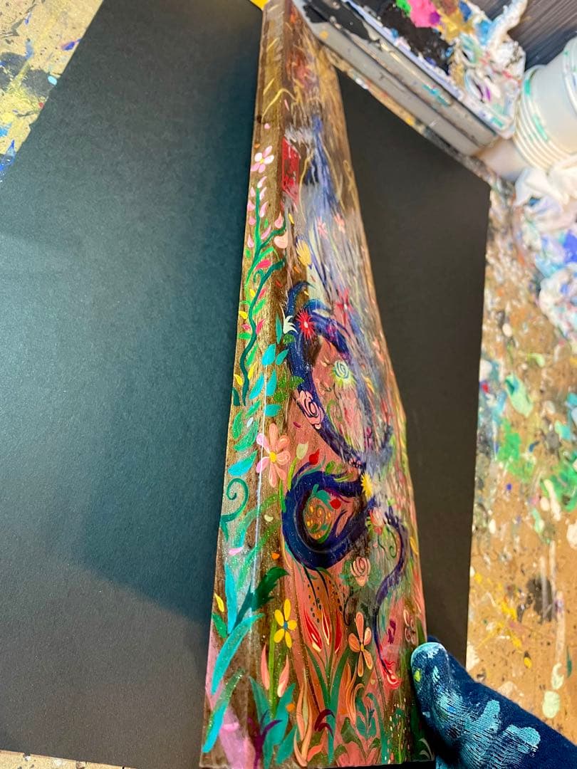 開運絵画 煌びやかな花龍 一点物 アクリル画 龍神 置き物 龍ノツカイ