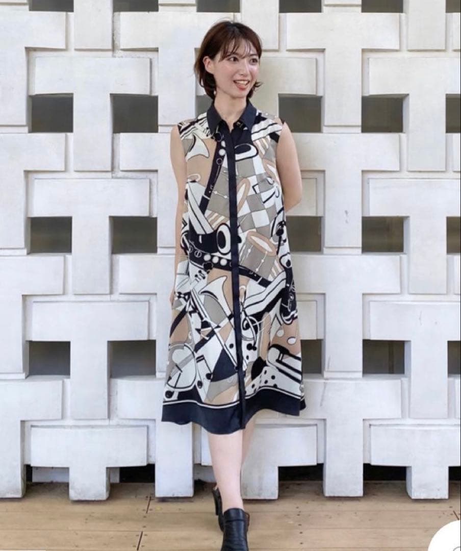 グレースクラス グレースコンチネンタル JAZZプリントドレス 36 総柄 金釦