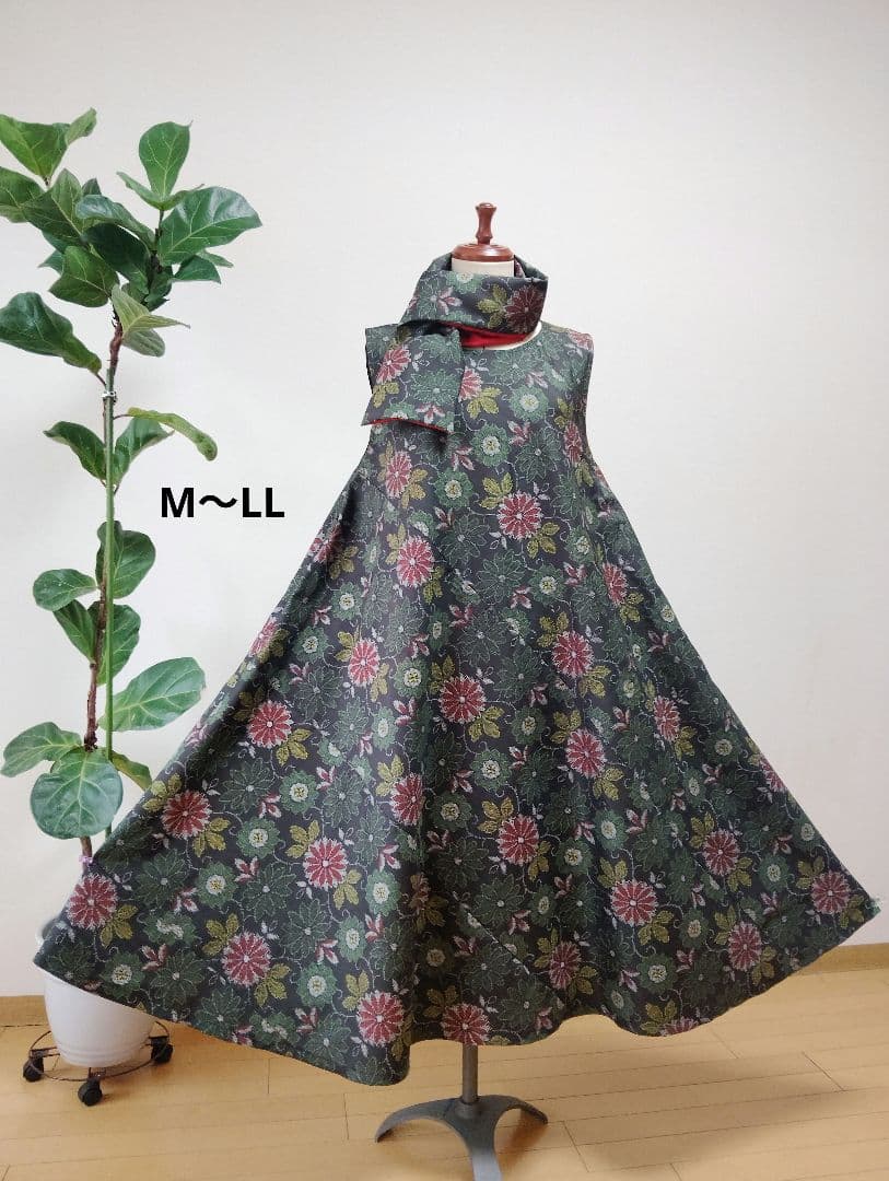 着物リメイク❉大島紬フレアーワンピース花柄❉ストールリボン2本付き正絹❉