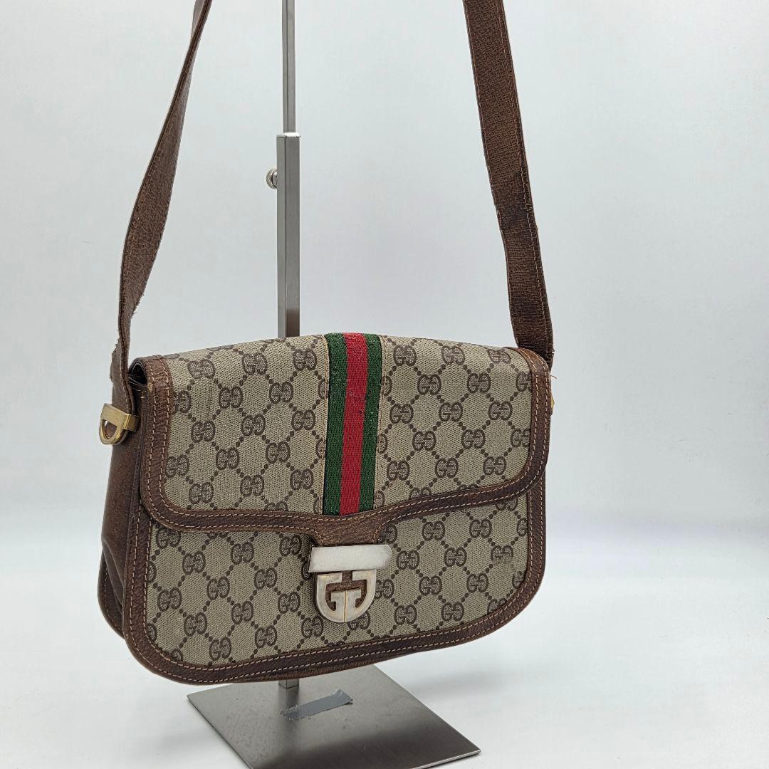 【良品】GUCCI シェリーライン GG ショルダーバッグ レザー ブラウン