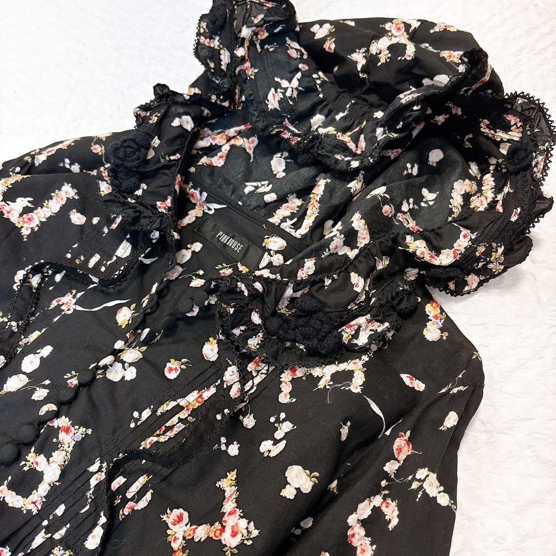 極美品✨PINK HOUSE フード付きフラワープリント チュニック　うさぎ　黒