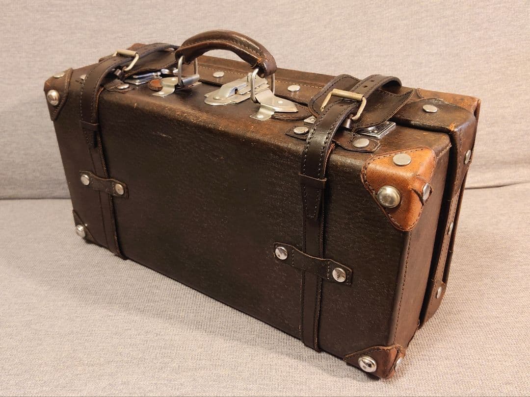 【 鍵付き 】アンティーク総天然皮革製トランク バッグ 中型