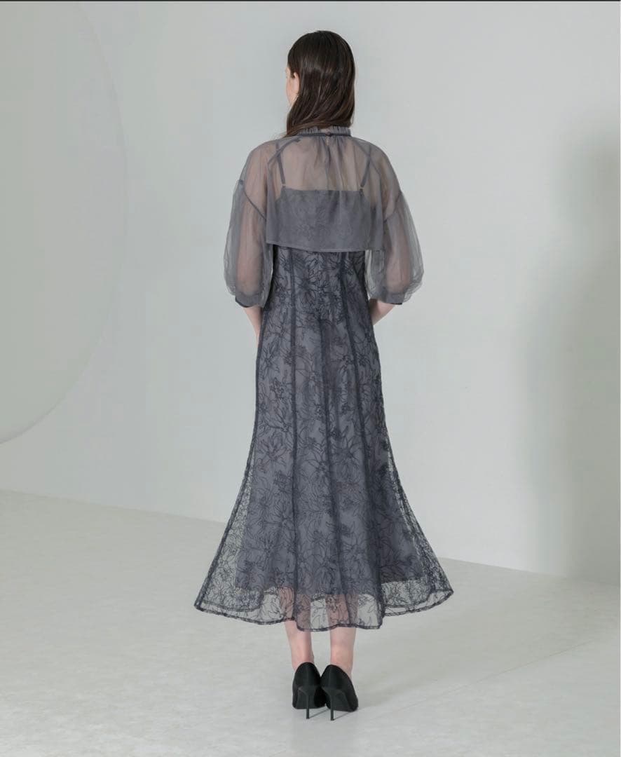 Leja マーメイドシルエットキャミワンピースリボン付きシアーパフスリーブ M