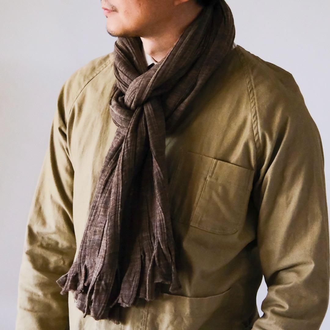 極美品ISAAC SELLAMアイザックセラムモカブラウンウールフリンジマフラー