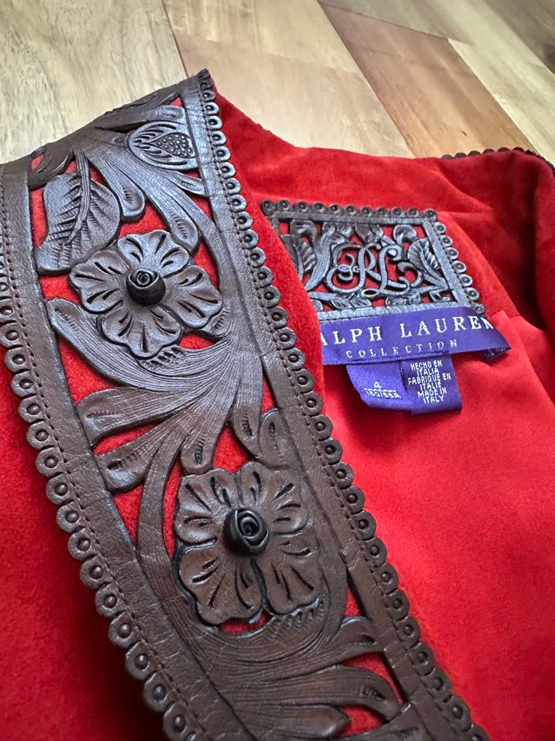 赤 スエード 刺繍 テーラードジャケット