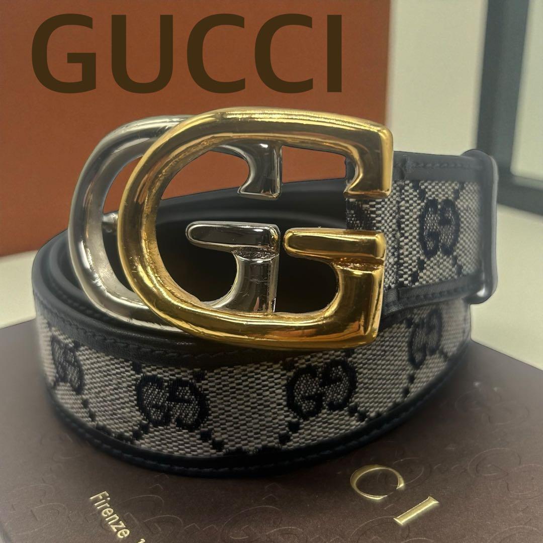 【極美品】グッチ GGキャンバス×レザー ベルト ツートーGGバックル 77cm