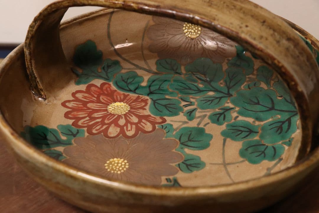 乾山焼 三代乾山 菊図 手付菓子器 木箱 陶芸 草花 鉢 時代【MA480】
