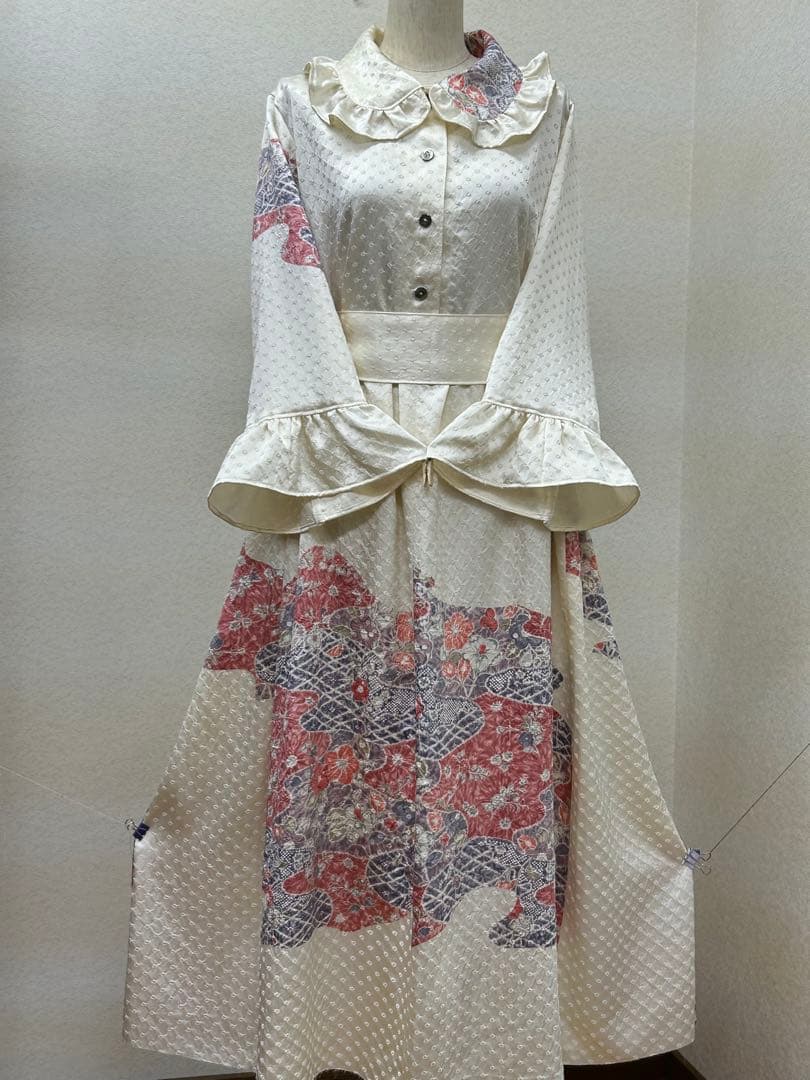 着物リメイク　付け下げワンピース　前ボタン　 Lサイズ