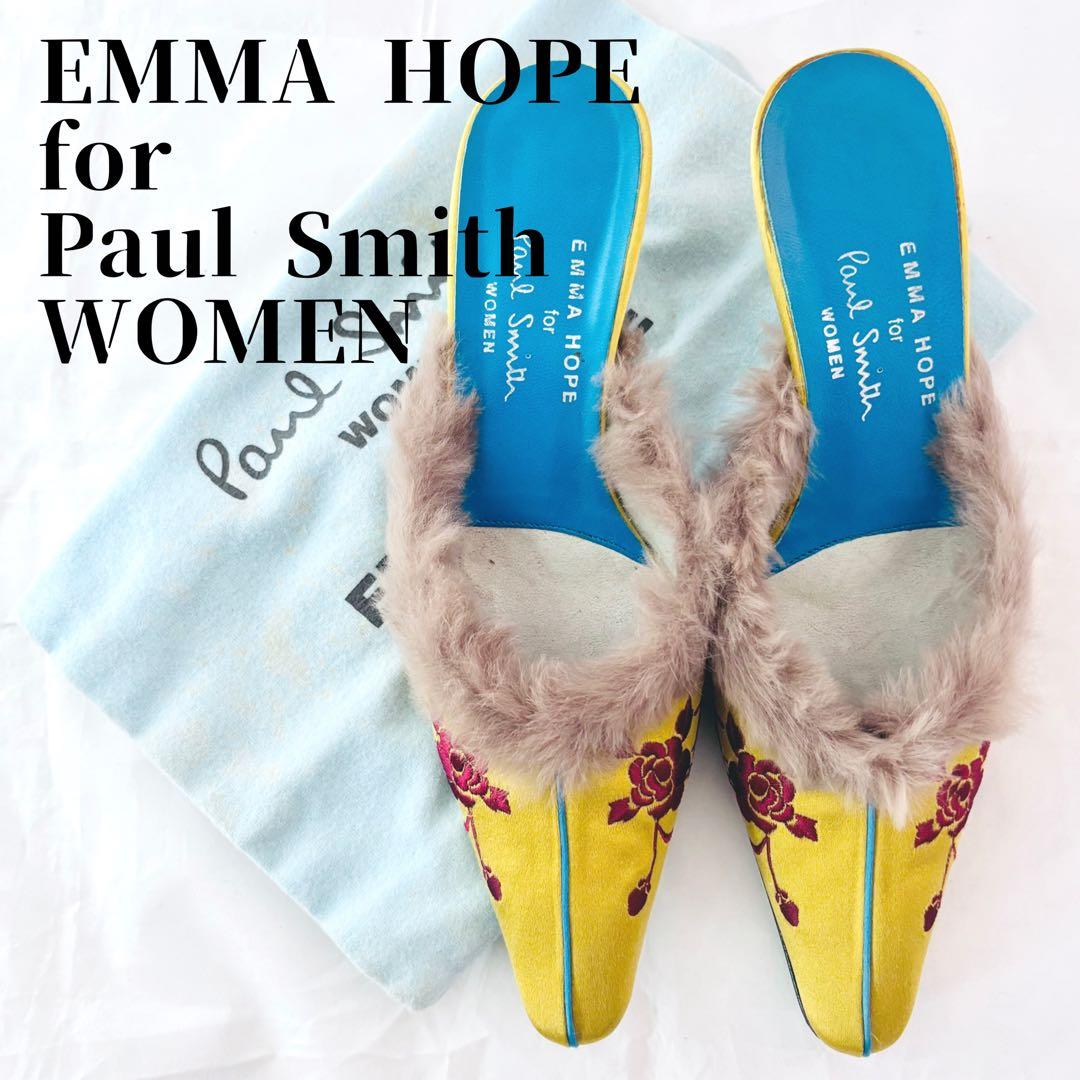 ポールスミス×エマホープ コラボ ミュール 37 刺繍 ファー サテン イエロー