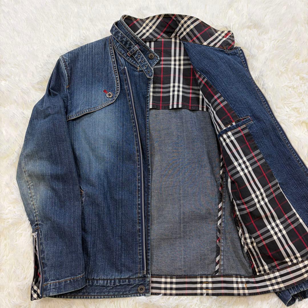 バーバリーブラックレーベル デニム ライダースジャケット 裏地ノバチェック M