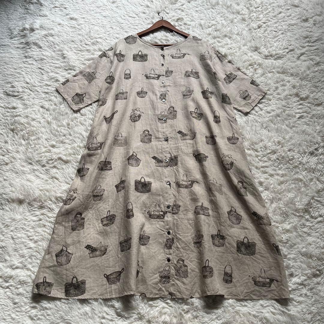 【美品】ビアズリー ロングワンピース リネン 総柄 フレア ナチュラル