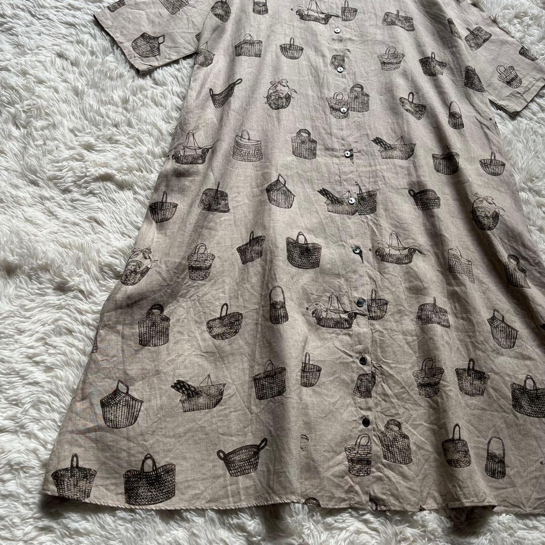 【美品】ビアズリー ロングワンピース リネン 総柄 フレア ナチュラル