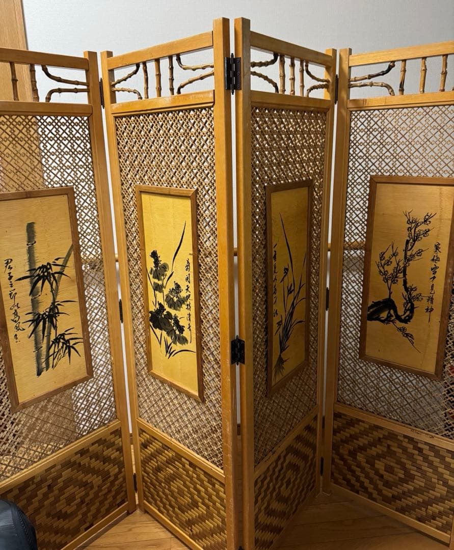昭和レトロ 木竹製格子型屏風 日本画 春夏秋冬草花 4枚 パーテーション 衝立