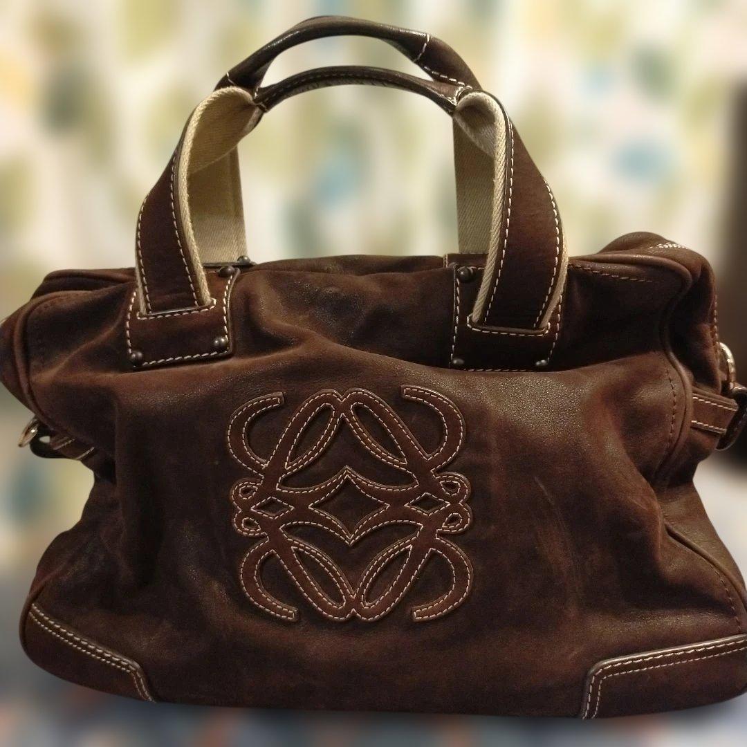 ロエベ　ダークブラウン レザー ボストンバッグ