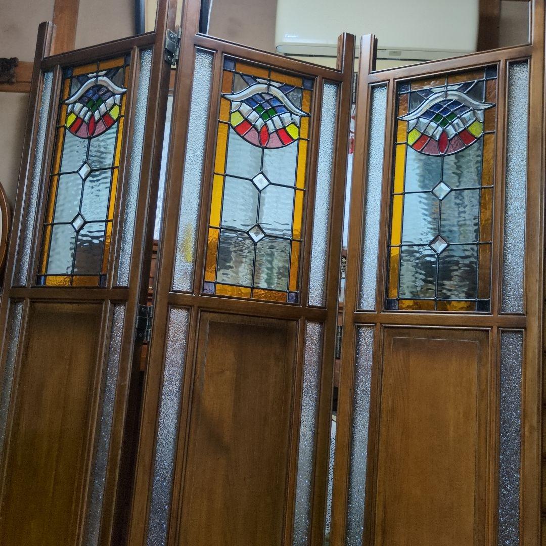 ステンドグラス 木製パーテーション 三つ折り