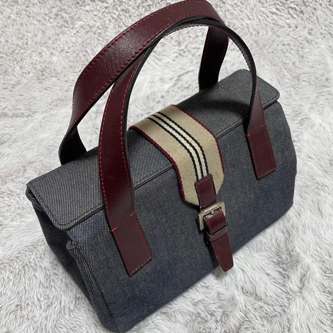 バーバリー　ハンドバッグ　デニム生地　キャンバス　レザー　シルバー金具