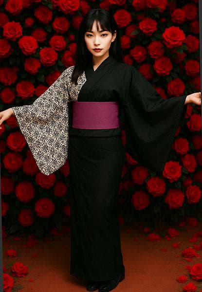 浴衣 単品 女性用 日本製 半身仕立て 綿100％ 黒色 NO42044