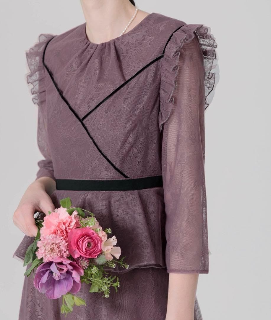 新品✨Leja レース花柄レイヤード配色フレアバックリボンロングワンピースドレス