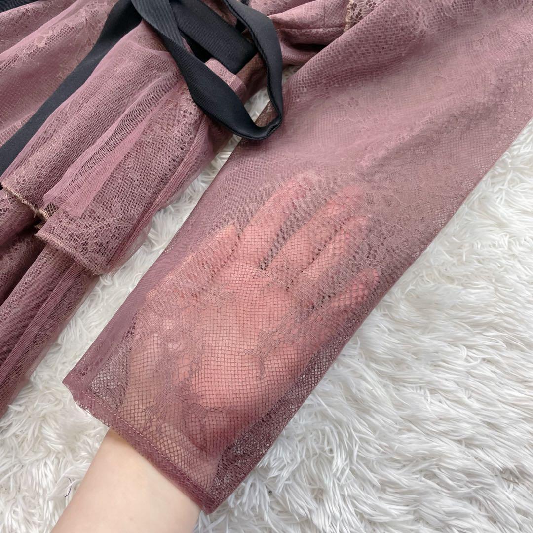 新品✨Leja レース花柄レイヤード配色フレアバックリボンロングワンピースドレス