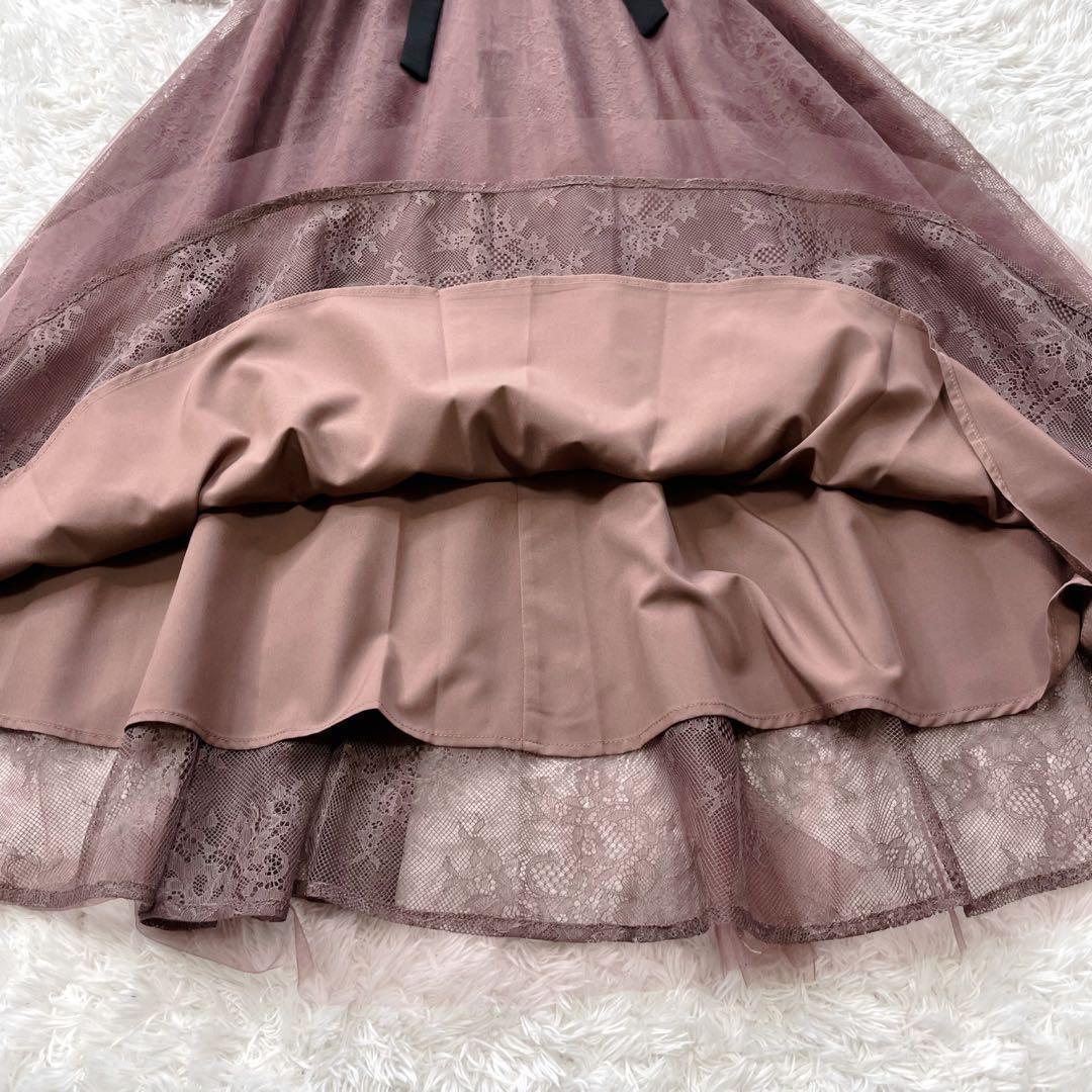 新品✨Leja レース花柄レイヤード配色フレアバックリボンロングワンピースドレス