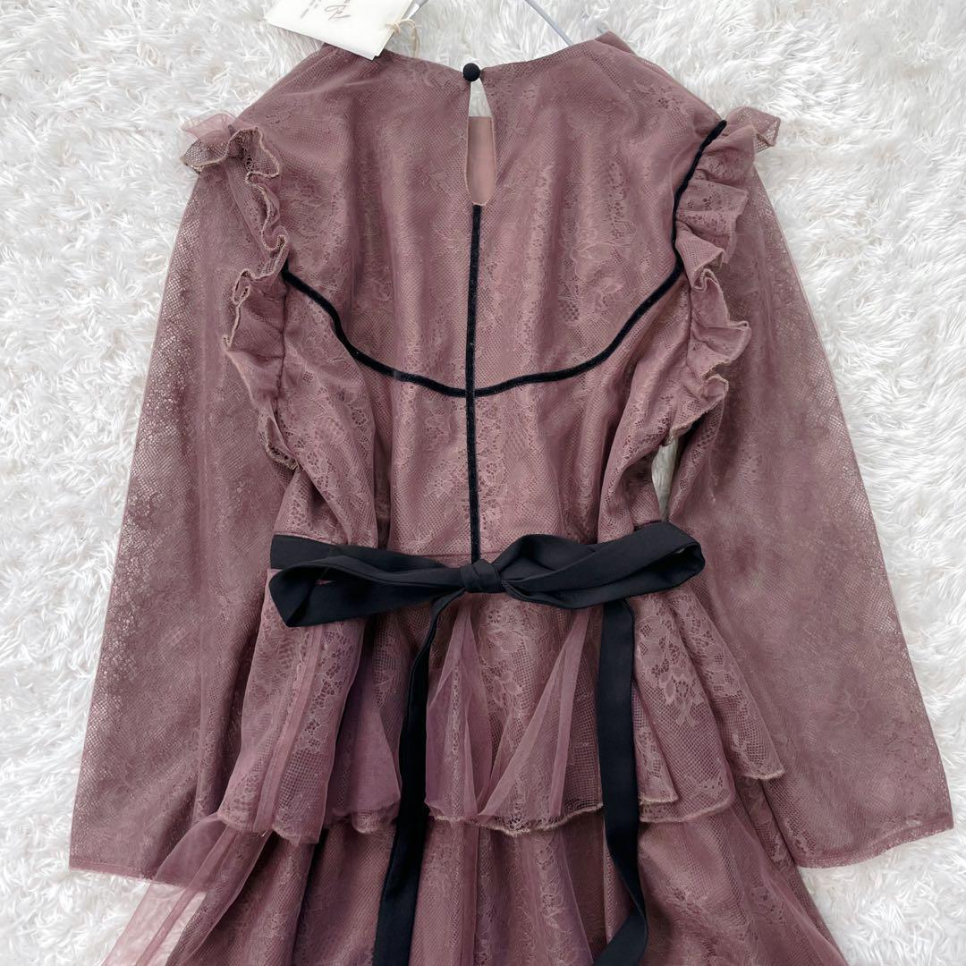 新品✨Leja レース花柄レイヤード配色フレアバックリボンロングワンピースドレス