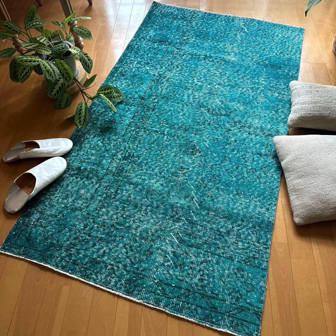 84×152ブルーグリーン　ボタニカルオーバーダイ　トルコヴィンテージラグ