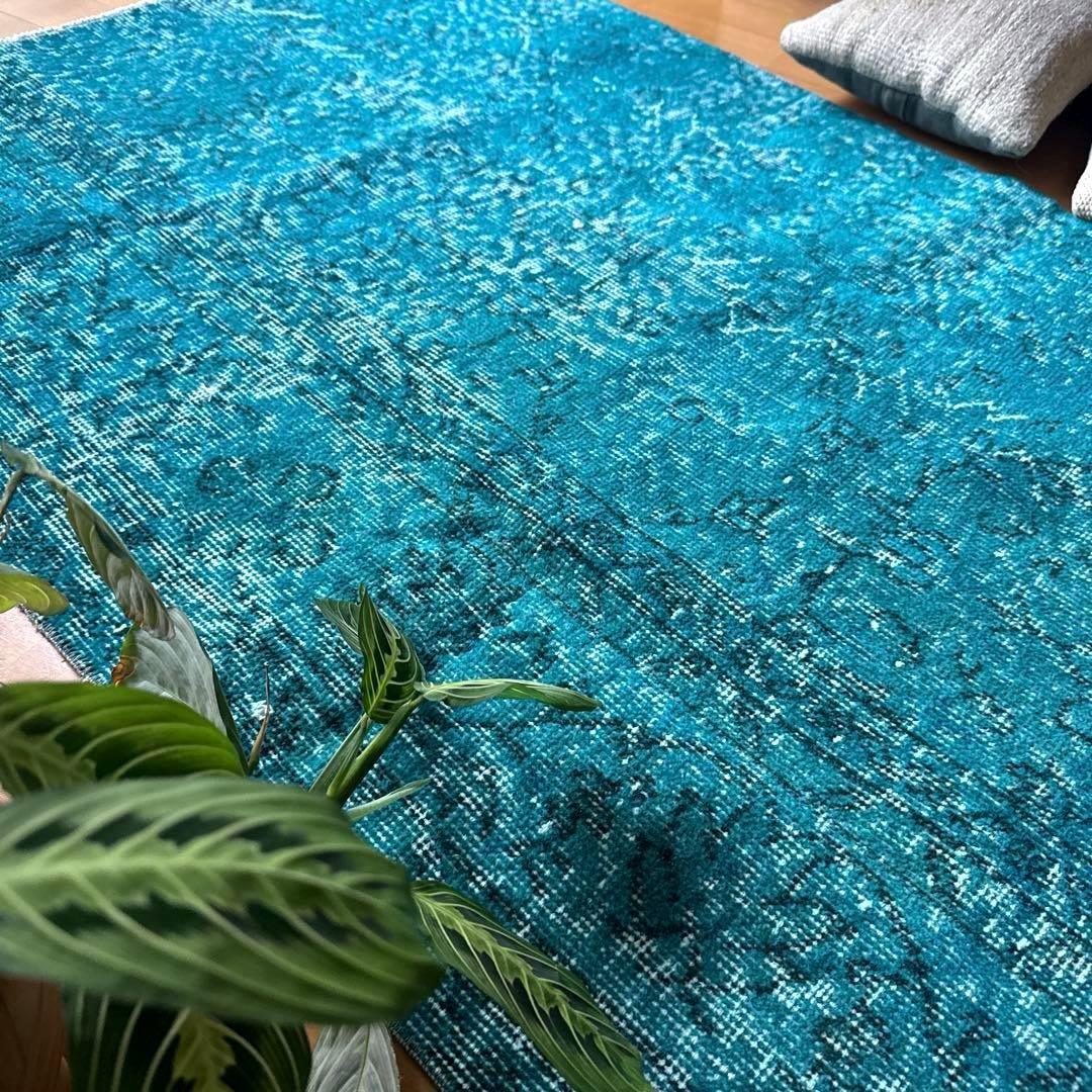 84×152ブルーグリーン　ボタニカルオーバーダイ　トルコヴィンテージラグ