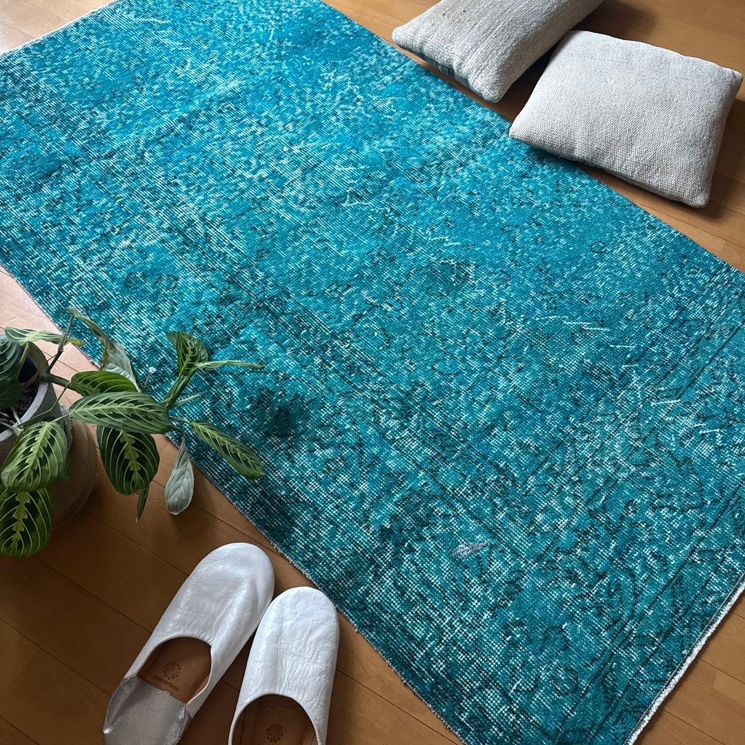 84×152ブルーグリーン　ボタニカルオーバーダイ　トルコヴィンテージラグ