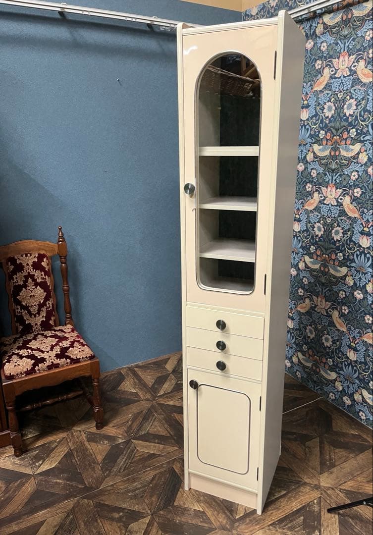 アーチ型 食器棚 飾り棚 小ぶり スリム 白 ホワイト 水屋 当時物 昭和レトロ